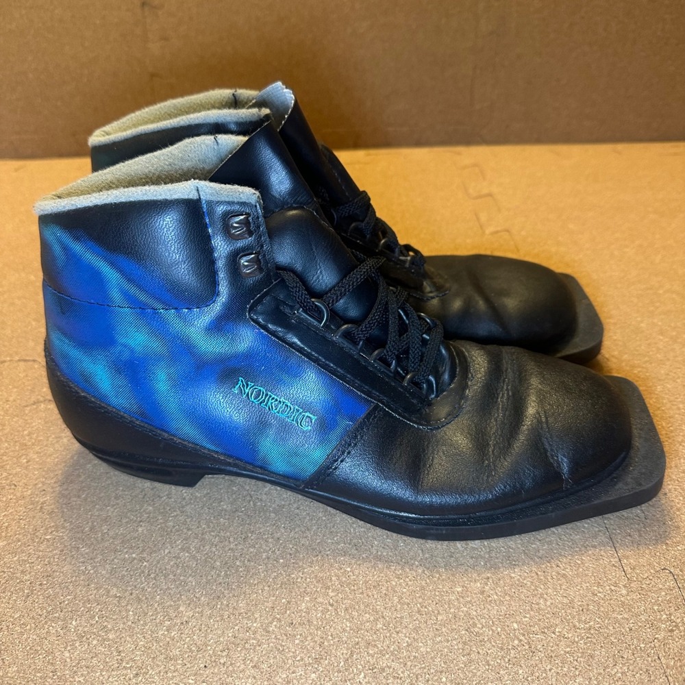 Nordic 75mm 3-Pin Cross Country Ski Boots Black Blue Marbled EU 40 Retro Touring